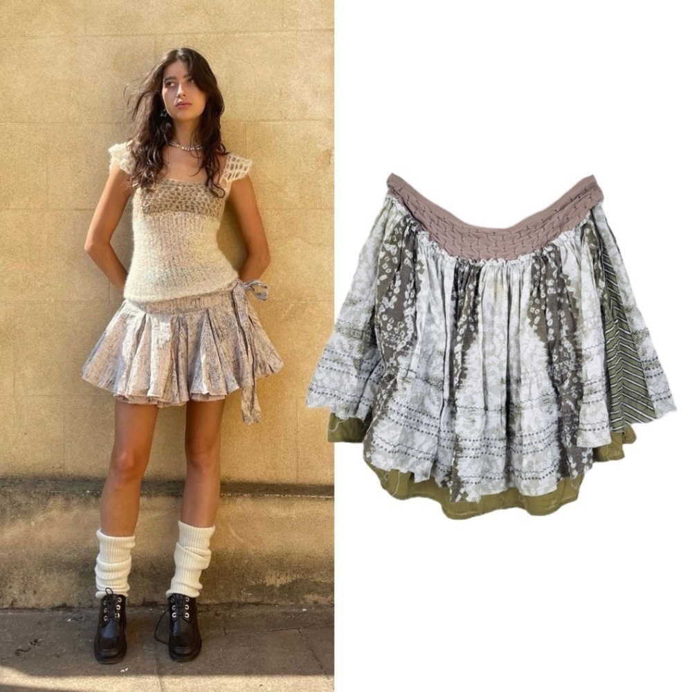Free People Beige Olive Floral Tiered Circle Skirt